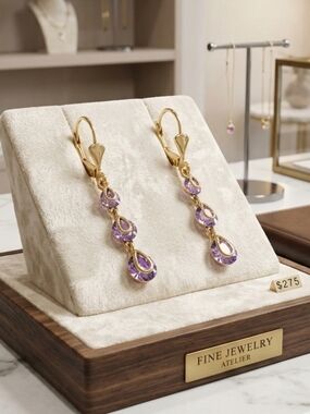 Gold & Lilac Teardrop Drop Earrings Genuine Amethyst And Vermeil Over Sterling
